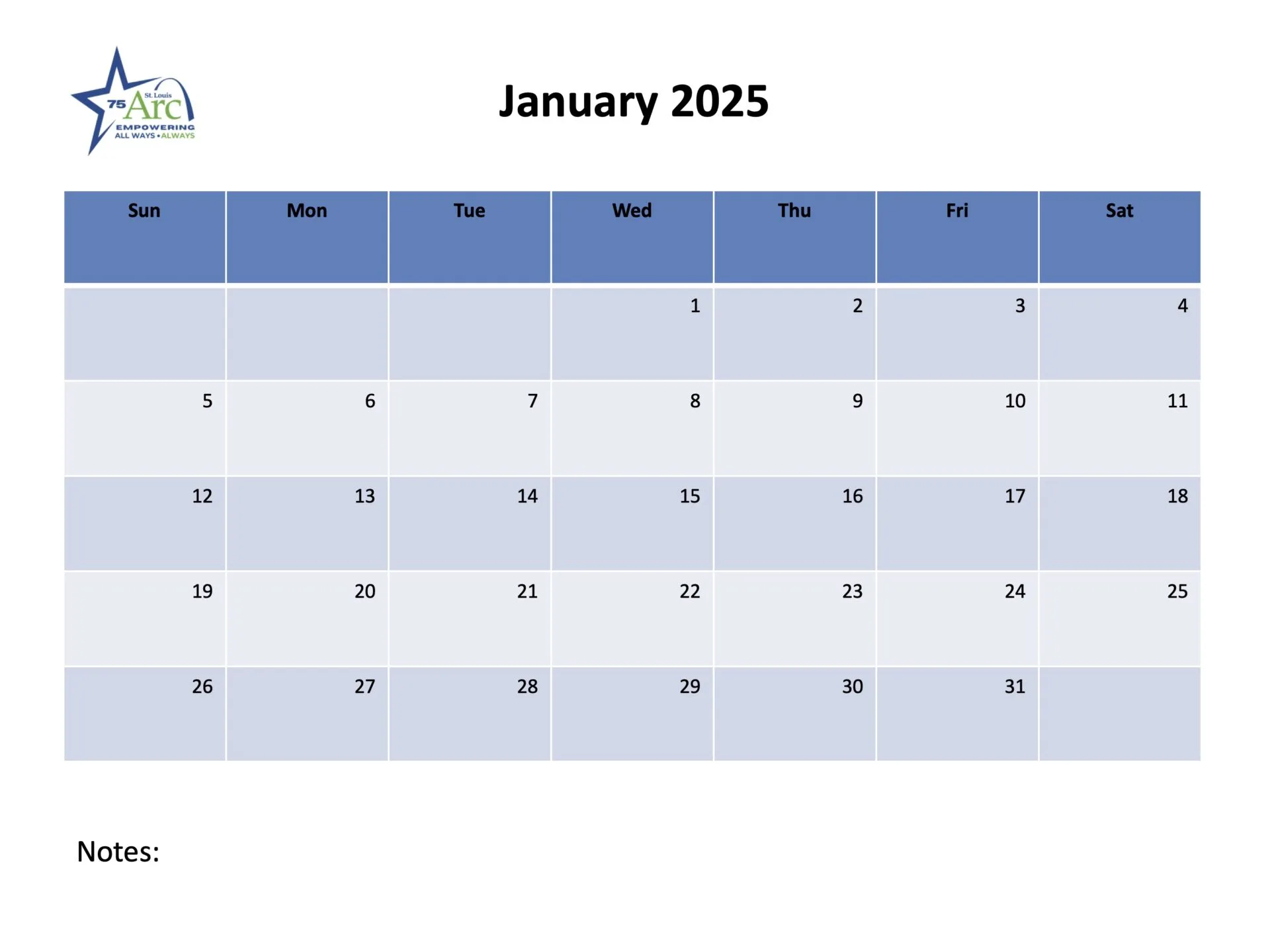 Basic wall calendar showing January of 2025.