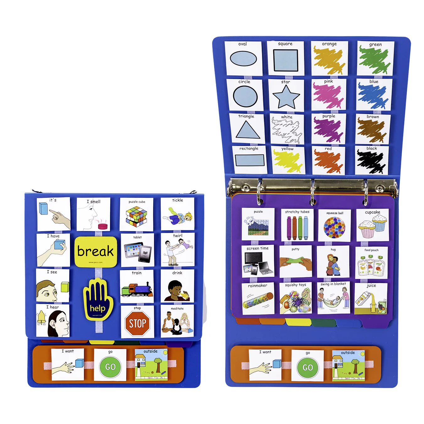 A blue communication binder with picture symbol grids for colors, shapes, actions, and requests.