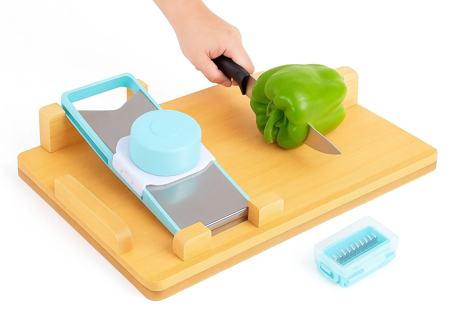 Adaptive cutting board bracing a mandolin slicer while a person slices a green pepper being held by spikes.