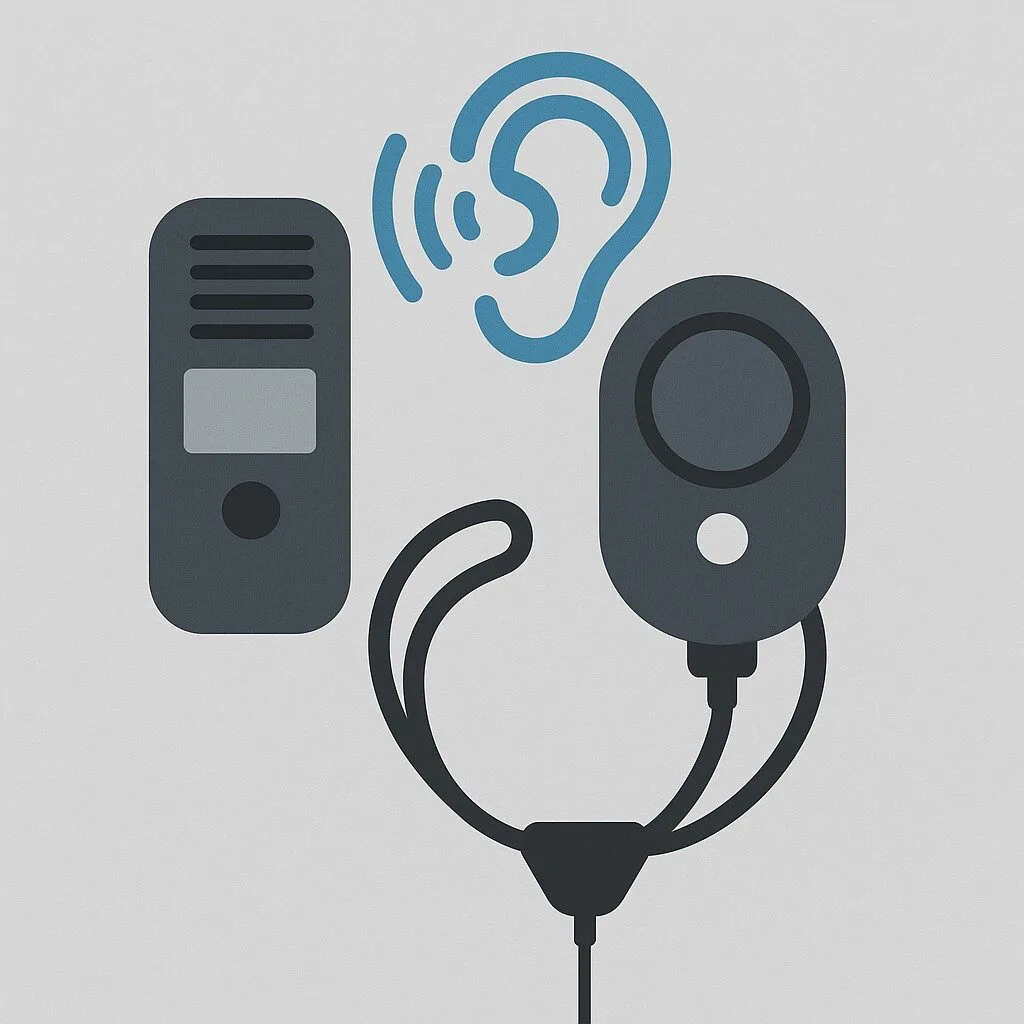 Icons of ALD device examples and the symbol of ear listening.