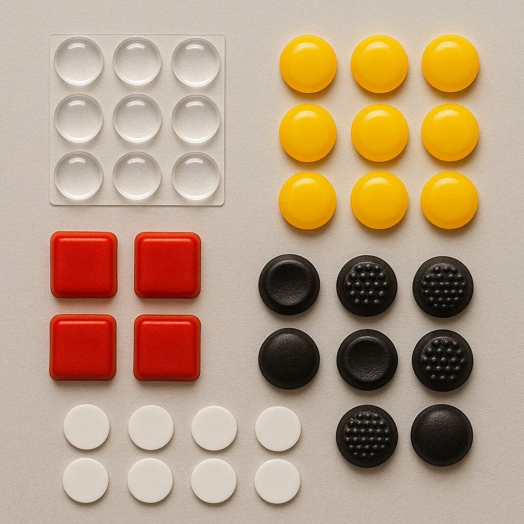 A variety of tactile bump dots arranged on a neutral surface, including clear domes, yellow round dots, red square dots, white flat dots, and black textured dots in different shapes.