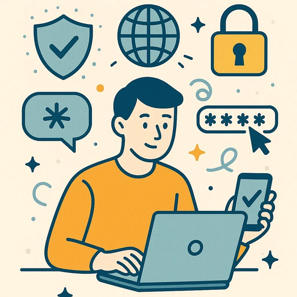 Cartoon of a person with a computer and smartphone with icons floating around them.