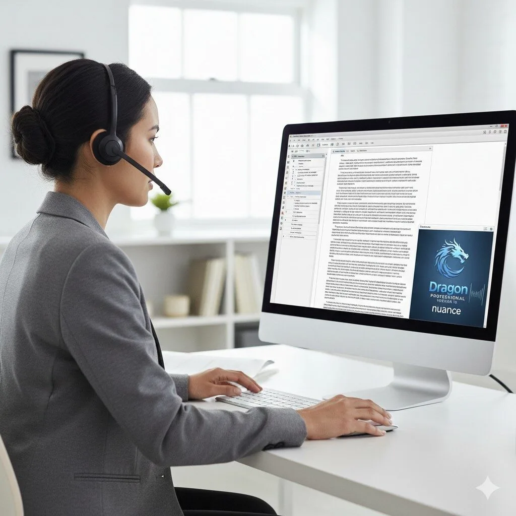 Person using Dragon Speech Software on a computer while wearing a headset.