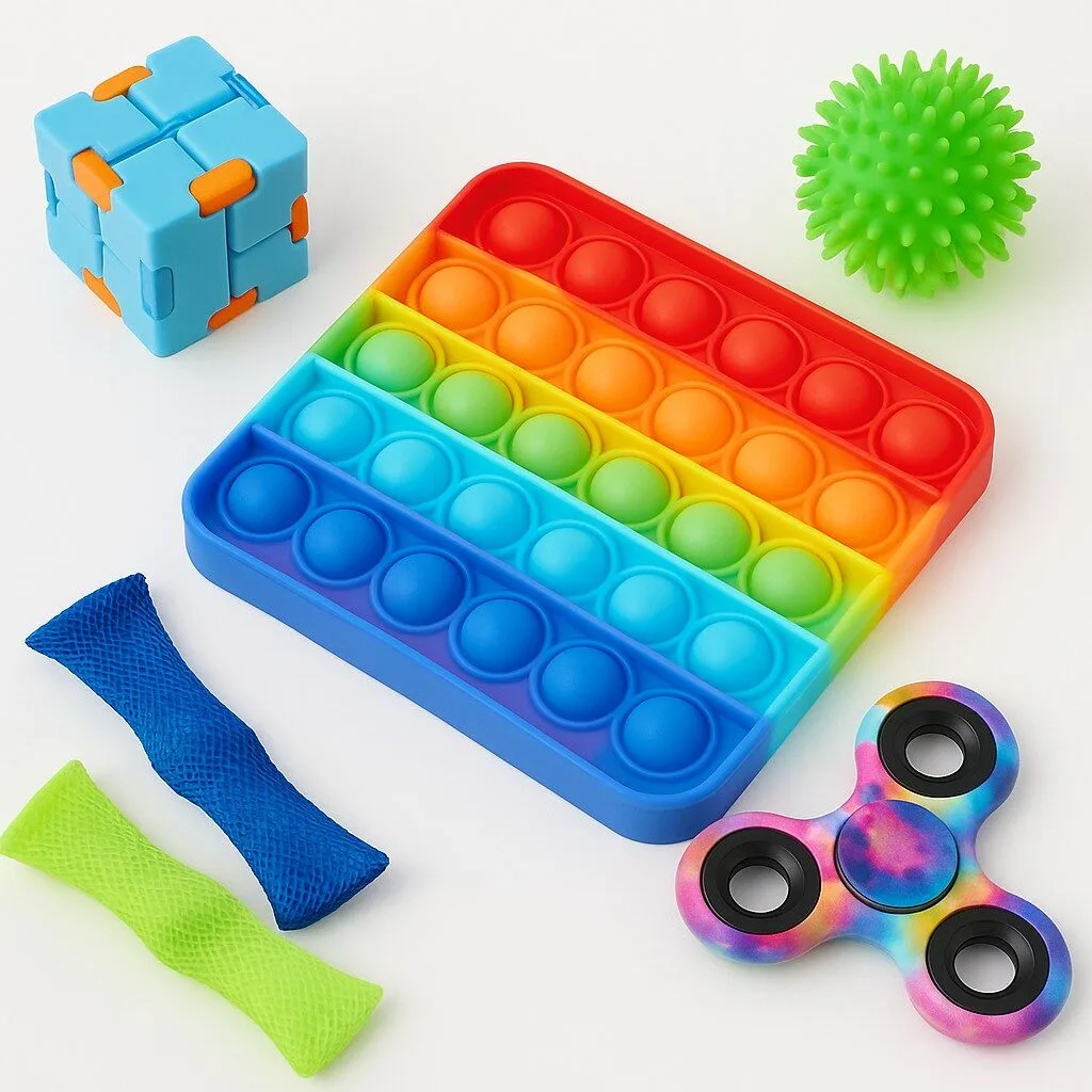 A variety of colorful fidget tools; fidget spinner, spike squeeze ball, silicone popper, threaded tubes, and puzzle box.
