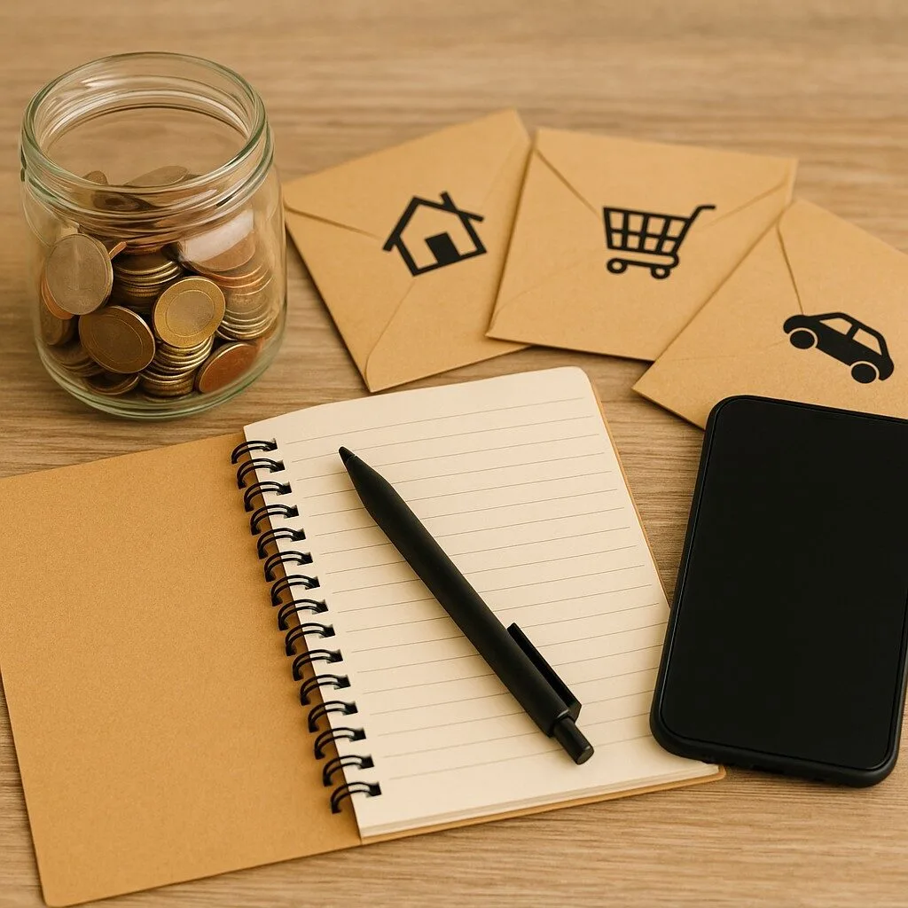 A jar of coins, a pen and notebook, a smartphone, and envelopes with icons that indicate home, shopping, and auto on a table.