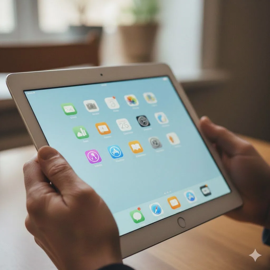 Hands holding an iPad with screen displaying unclear information.