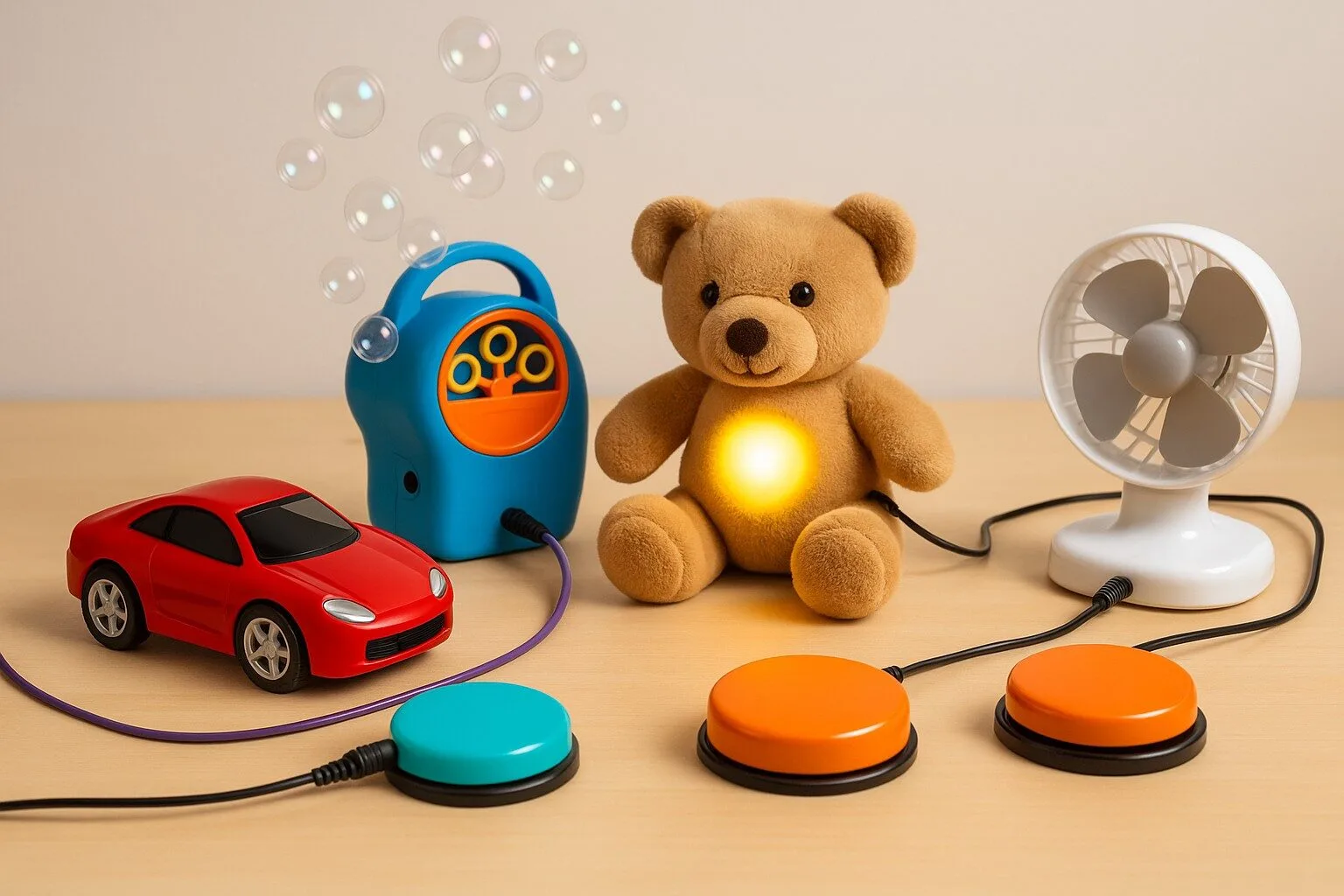 Collection of battery-operated toys connected to external switches.