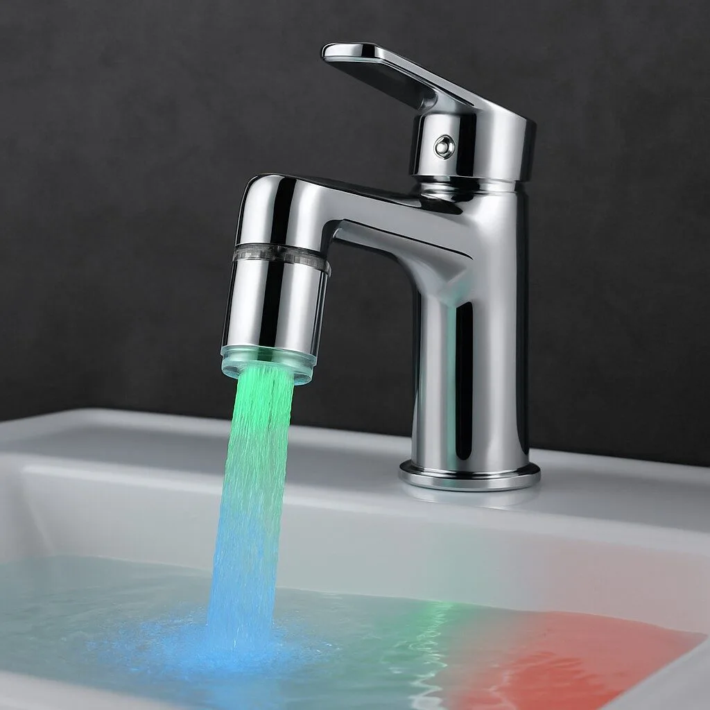 A modern chrome faucet releases a stream of water that glows blue, green, and red to indicate different temperatures, with the colored light reflecting in the white sink basin.