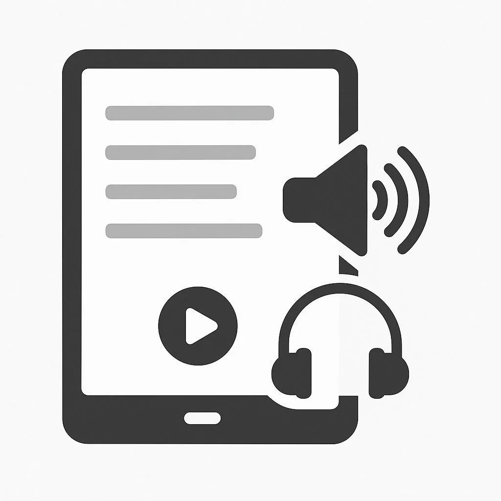 Icons of a tablet, volume, headphones, and a play button.