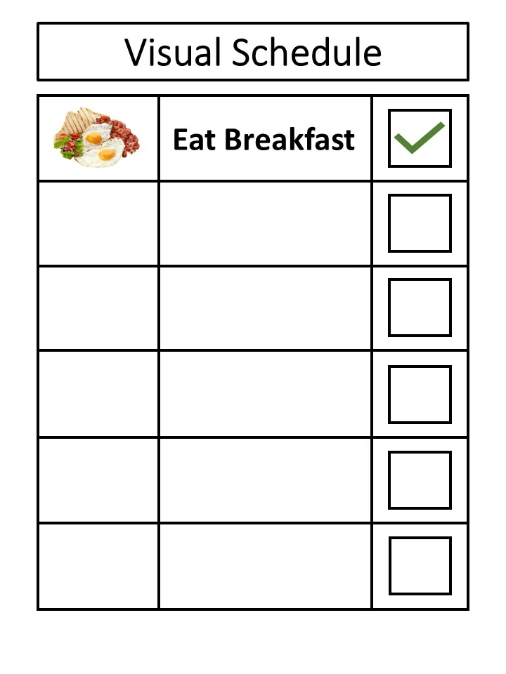 Simple visual schedule chart with rows and checkboxes. The first row shows “Eat Breakfast” with a plate of food picture and a green checkmark.