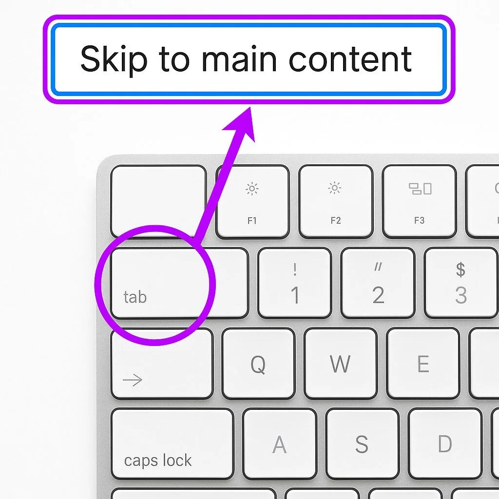 A keyboard with the tab key circled and an arrow pointing to Skip to main content button.